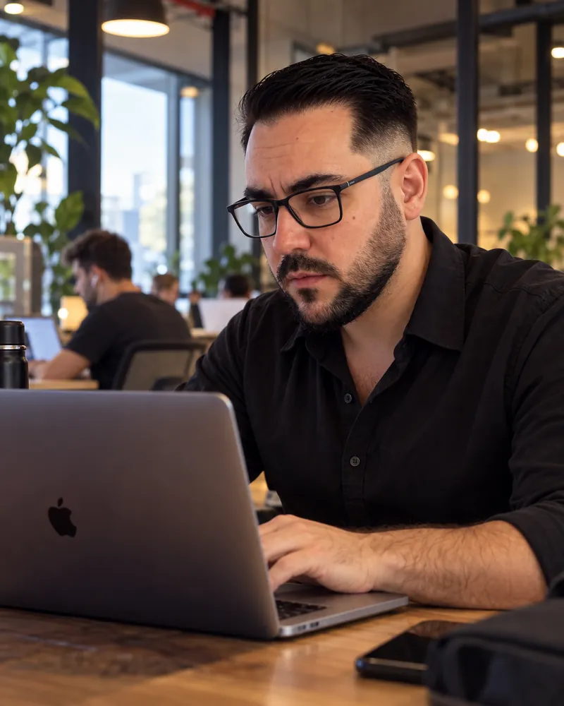 Julián Bagilet trabajando en su escritorio