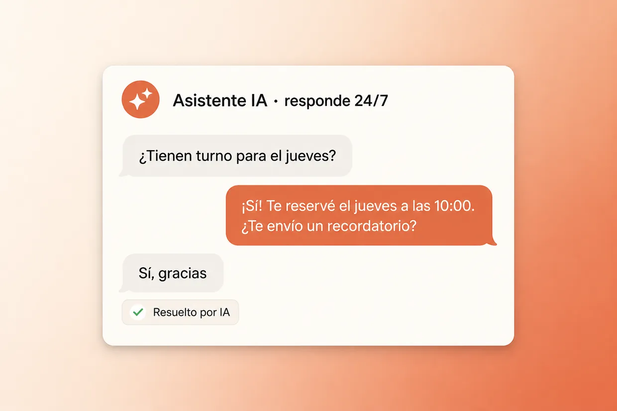 Chat de un asistente de IA que reserva un turno para el jueves y ofrece enviar un recordatorio
