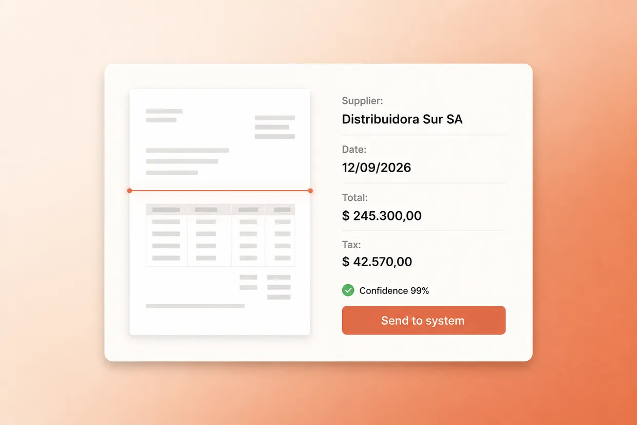 Automatic invoice reading: supplier, date, total and tax extracted with 99% confidence