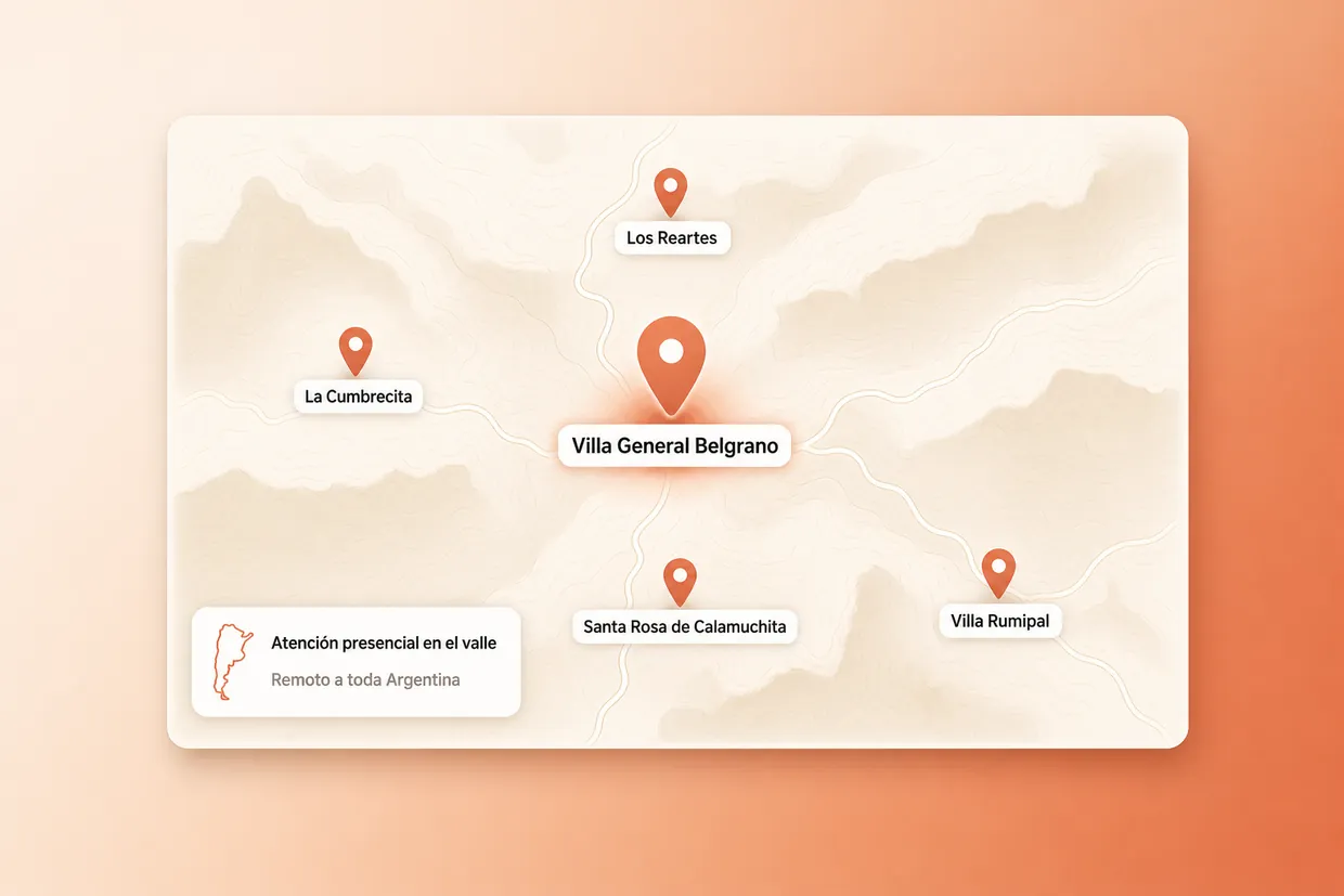 Mapa del Valle de Calamuchita con Villa General Belgrano destacada: atención presencial en el valle y remota a toda Argentina