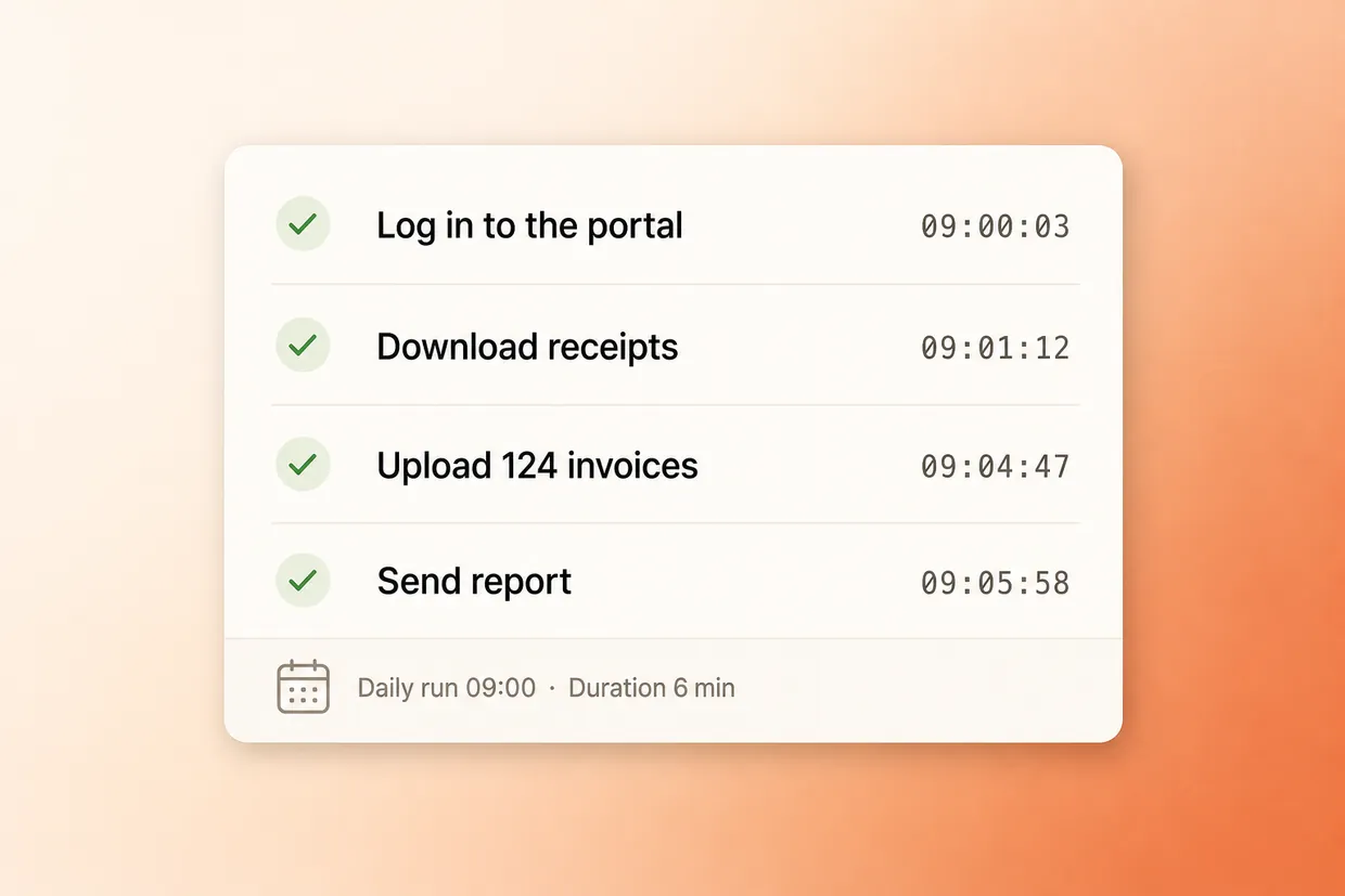 Log of a software robot that logs in to a portal, downloads receipts, uploads 124 invoices and sends a report