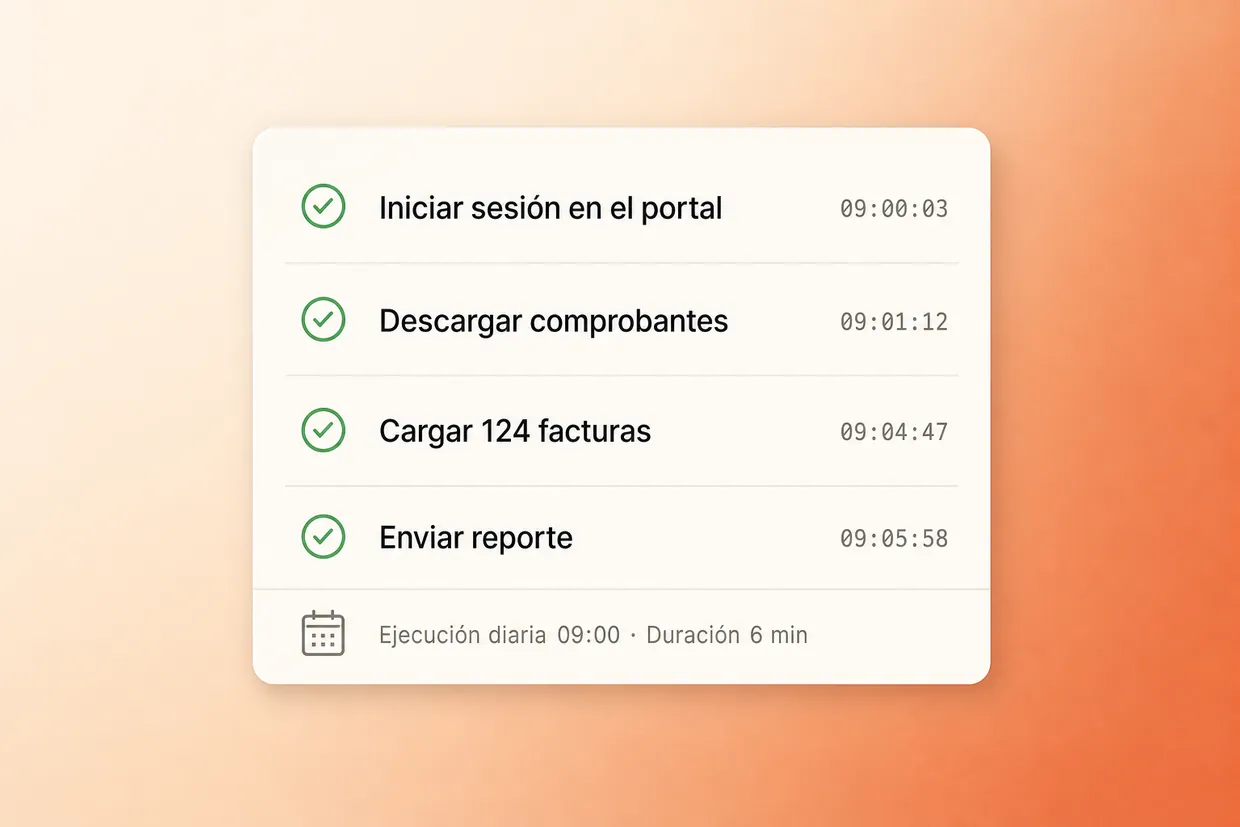 Registro de un robot de software que inicia sesión en un portal, descarga comprobantes, carga 124 facturas y envía un reporte