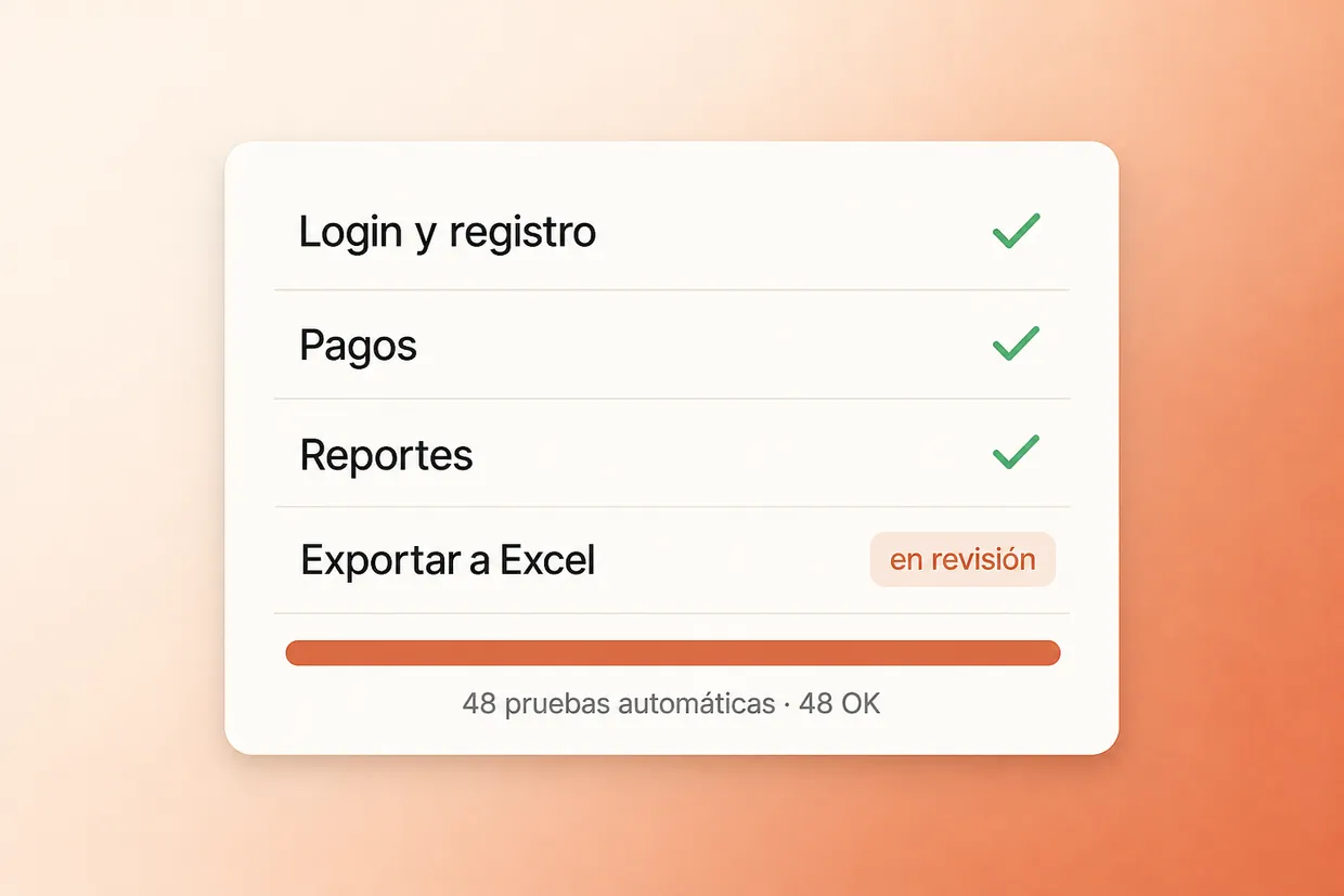 Control de calidad: login, pagos y reportes aprobados, exportación a Excel en revisión y 48 pruebas automáticas OK