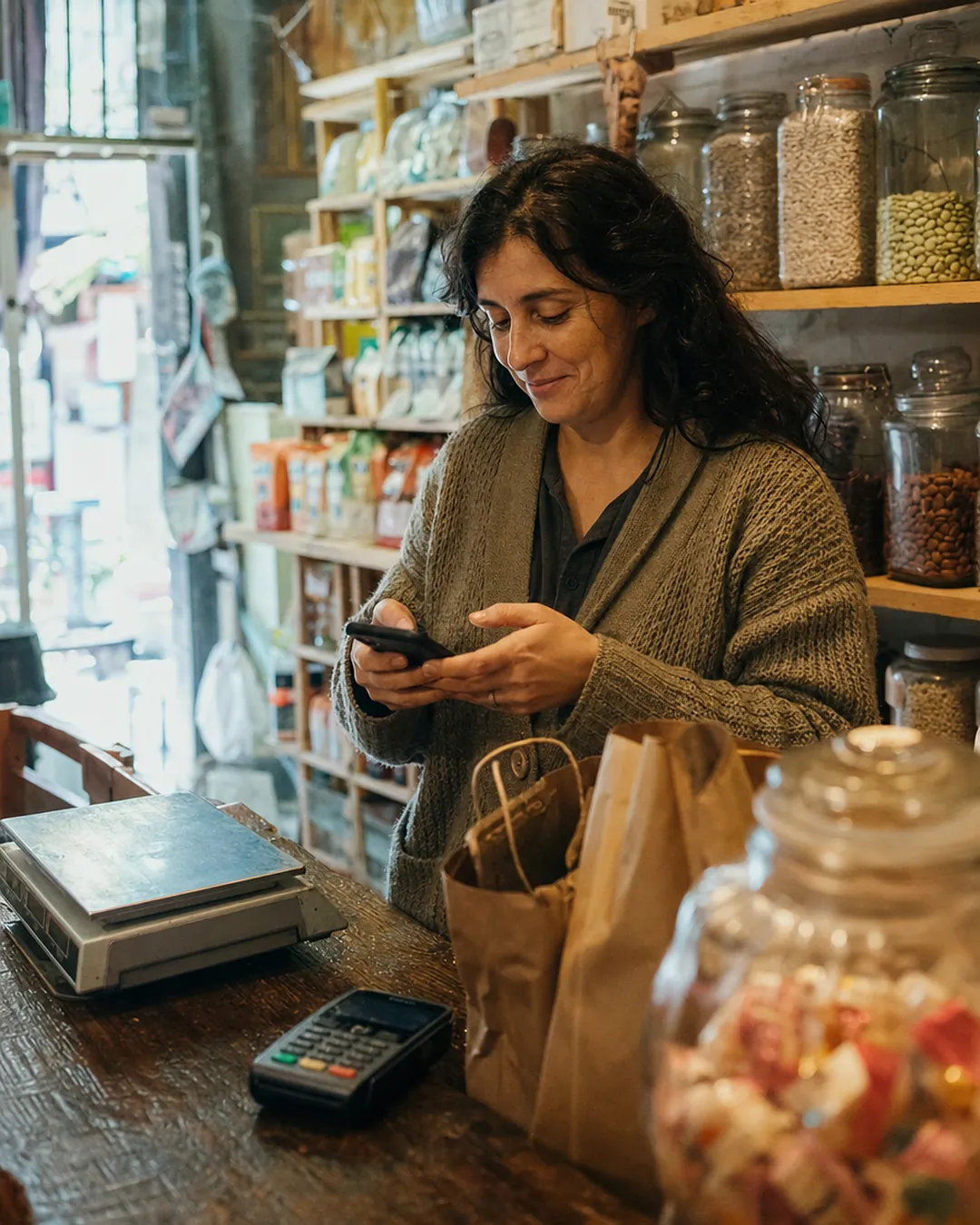 Dueña de un comercio respondiendo mensajes en el celular detrás del mostrador
