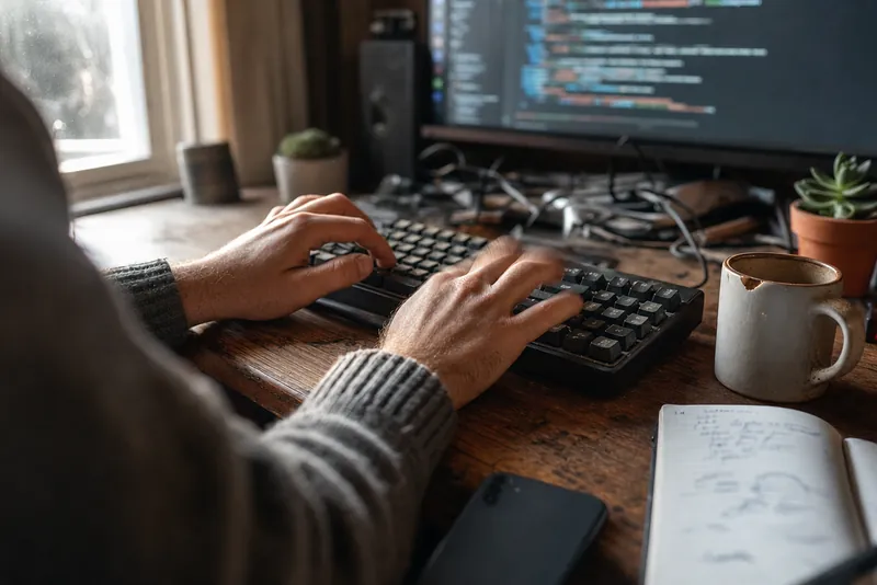 Manos programando en un teclado mecánico frente a un monitor con código