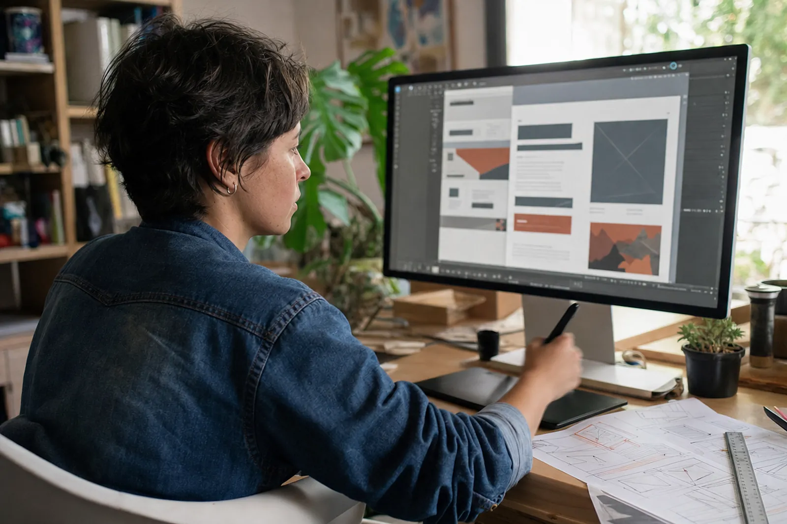 Diseñadora trabajando en el diseño de una web con tableta gráfica y bocetos