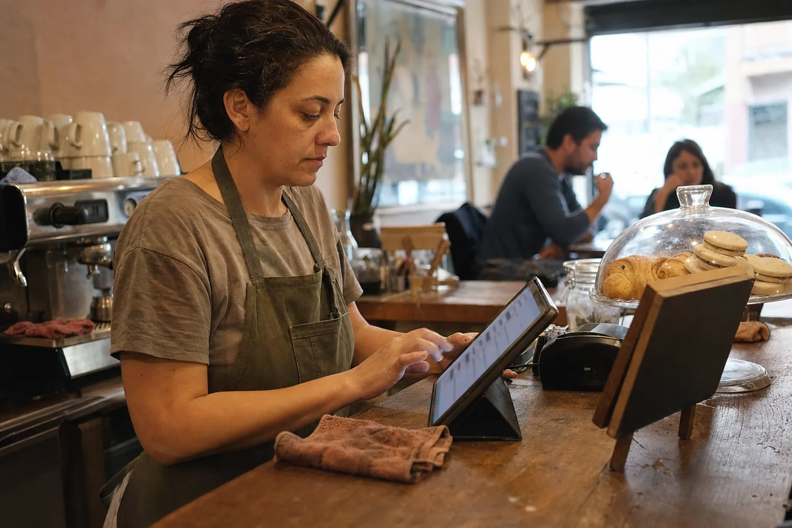 Dueña de una cafetería revisando pedidos en una tablet detrás de la barra
