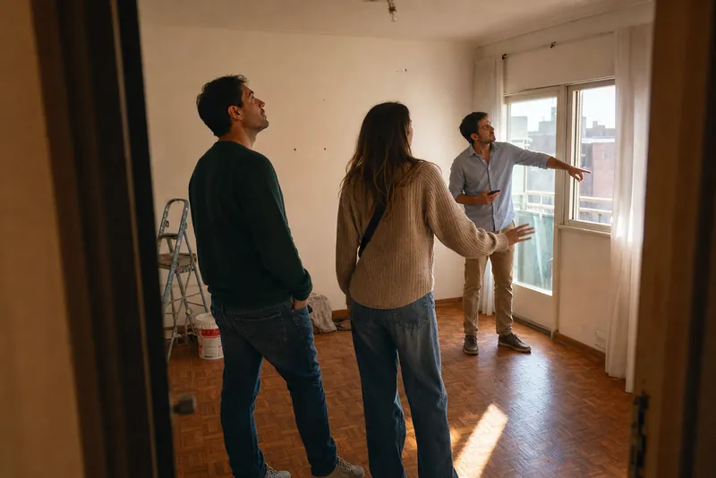 Agente inmobiliario mostrando un departamento luminoso a una pareja