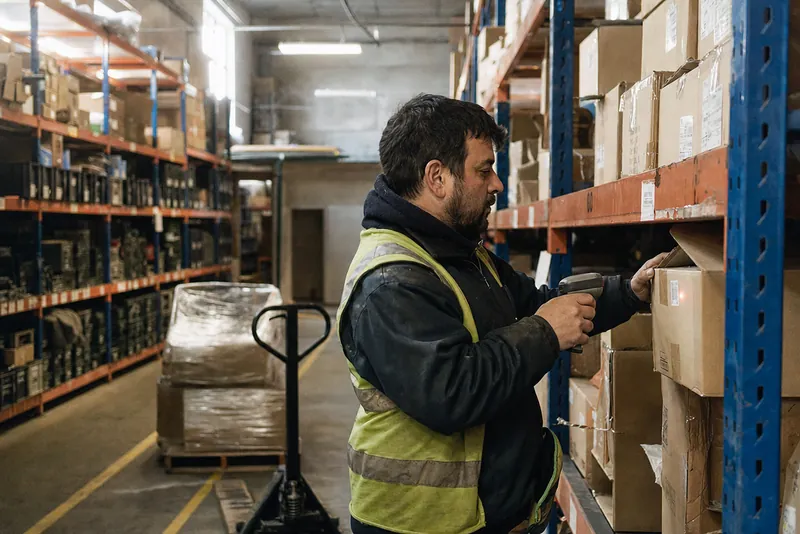 Operario escaneando el código de barras de una caja entre estanterías de un depósito