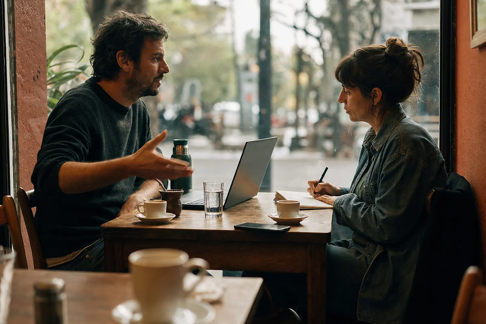 Dos personas en una reunión informal de trabajo en un café, con laptop, café y mate