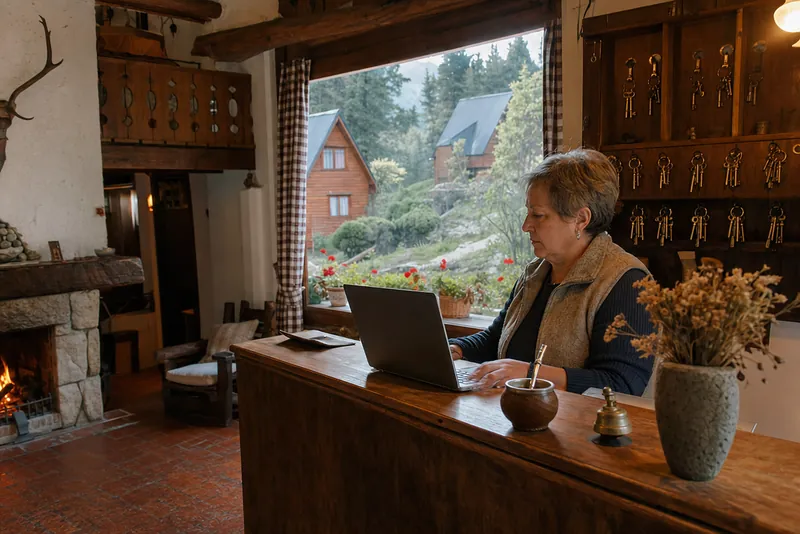 Reception of an alpine-style mountain lodge with a woman working on a laptop