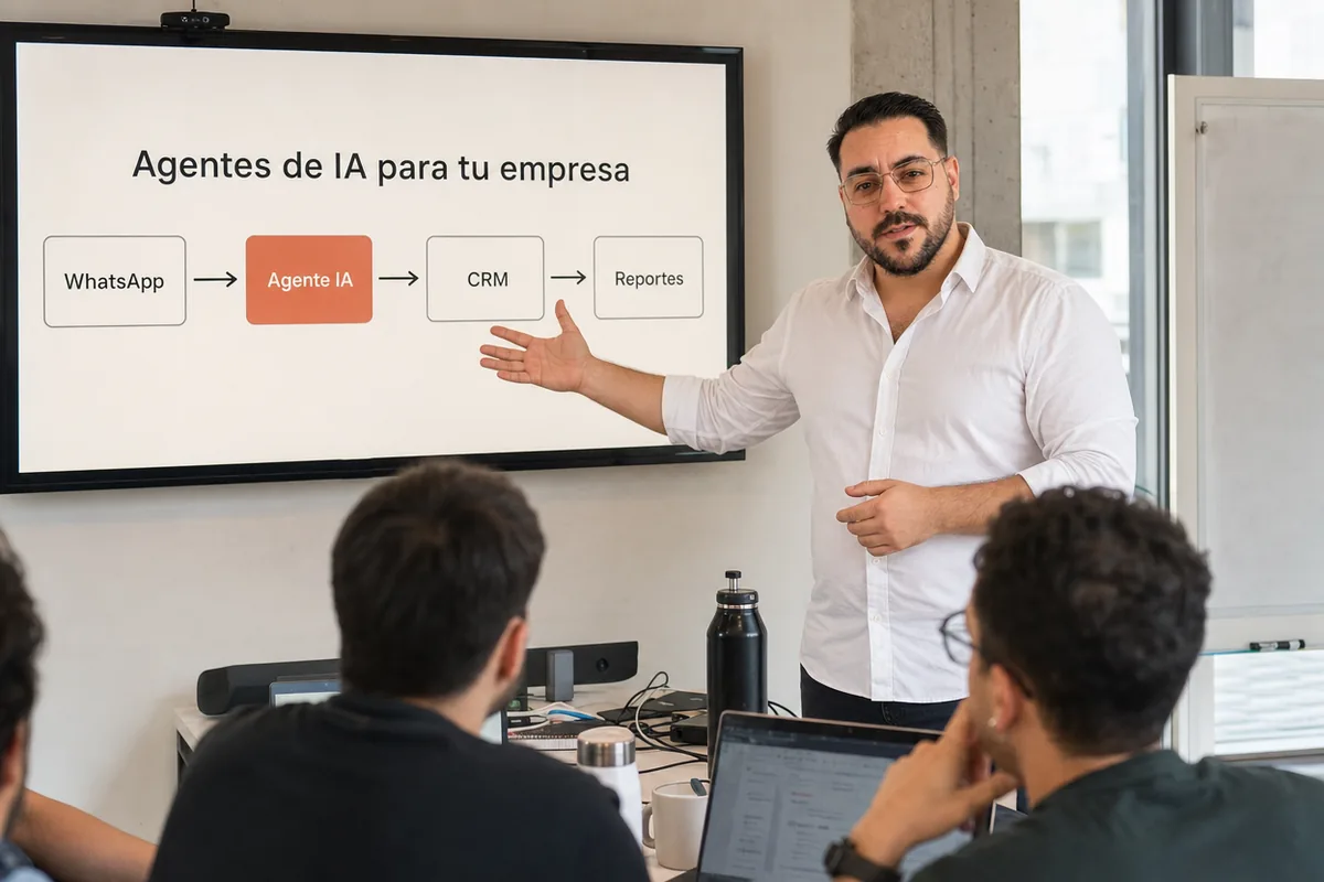 Julián Bagilet presentando un diagrama de arquitectura RAG a un equipo, en una pantalla que dice "RAG Architecture"